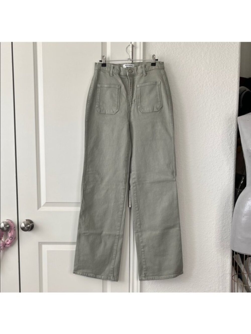 Reformation Alyssa High Rise Wide Leg Denim Long Jeans Moss Patch Pocket